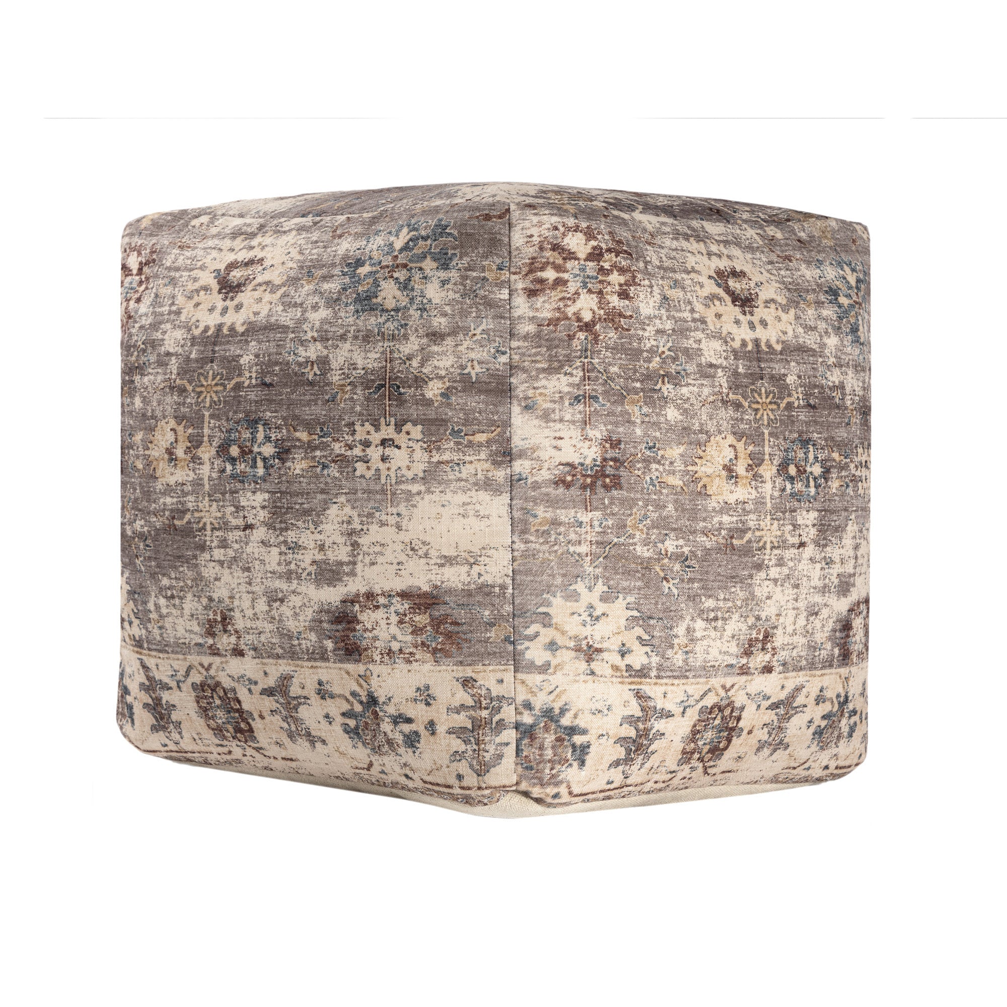 18" Ivory and Taupe Upholstered Medallion Pouf Ottoman