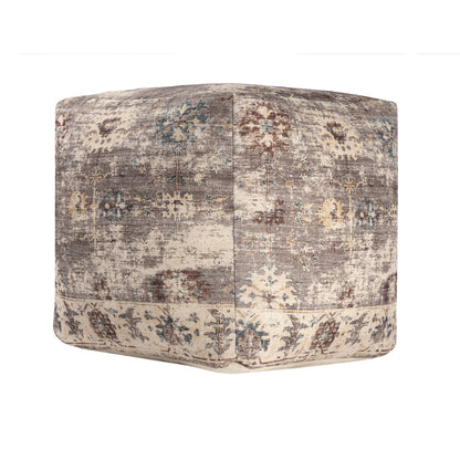 18" Ivory and Taupe Upholstered Medallion Pouf Ottoman