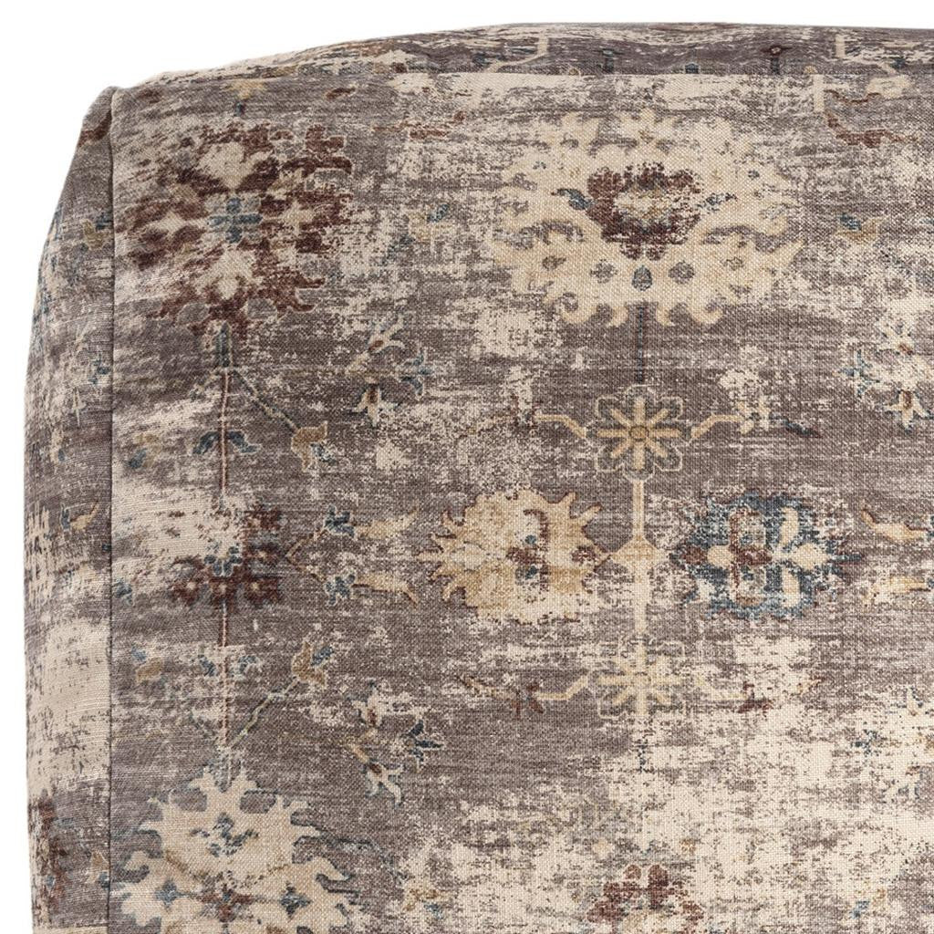 18" Ivory and Taupe Upholstered Medallion Pouf Ottoman