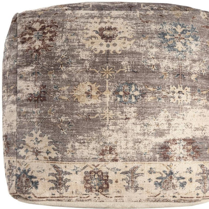 18" Ivory and Taupe Upholstered Medallion Pouf Ottoman
