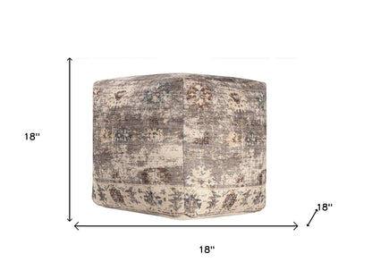 18" Ivory and Taupe Upholstered Medallion Pouf Ottoman