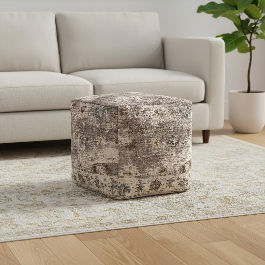 18" Ivory and Taupe Upholstered Medallion Pouf Ottoman