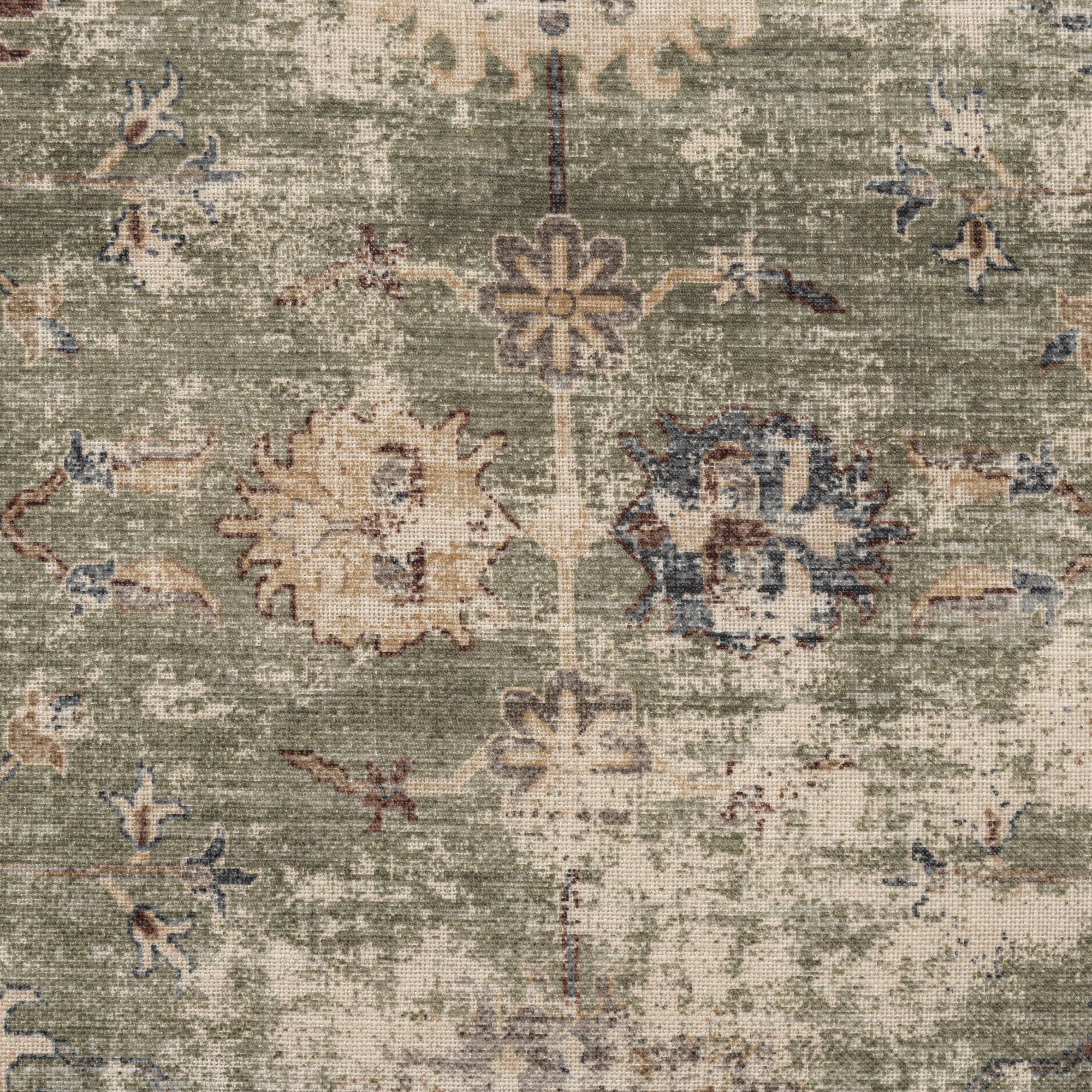 18" Ivory and Sage Upholstered Medallion Pouf Ottoman