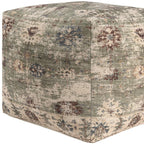18" Ivory and Sage Upholstered Medallion Pouf Ottoman