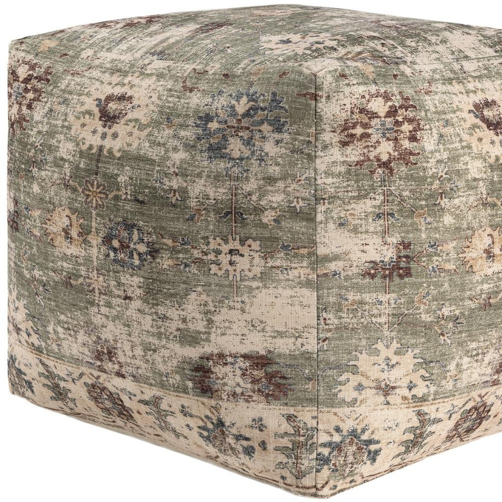 18" Ivory and Sage Upholstered Medallion Pouf Ottoman