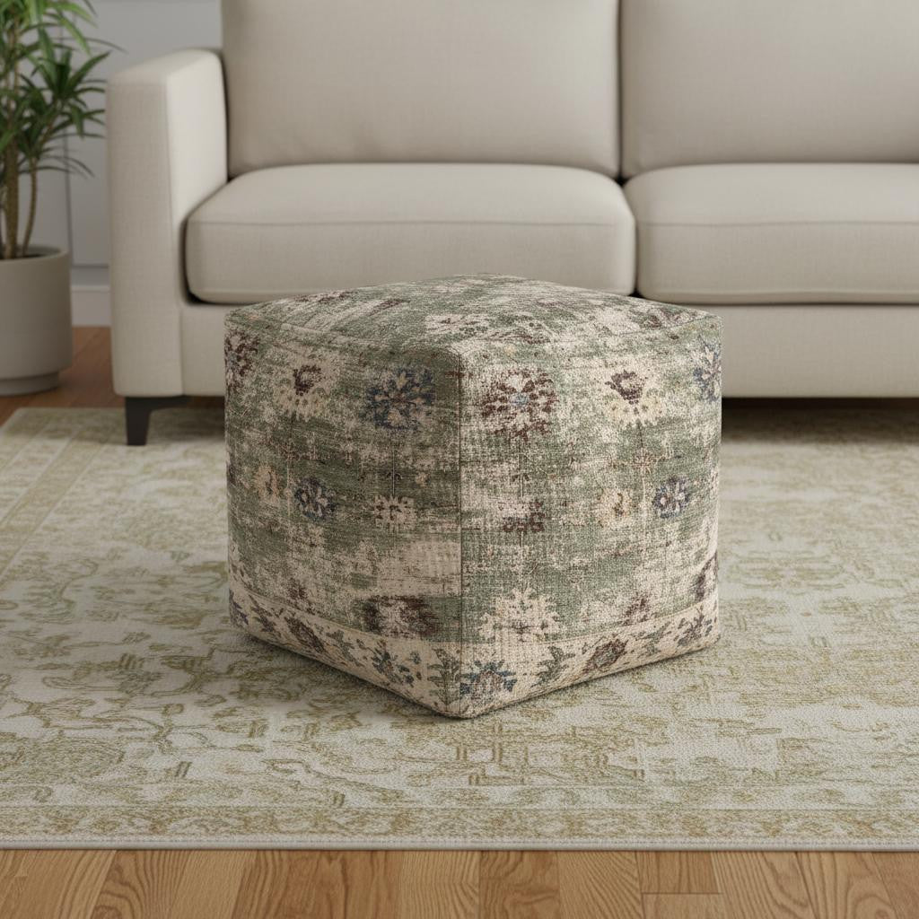 18" Ivory and Sage Upholstered Medallion Pouf Ottoman