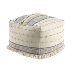 18" Ivory and Navy Blue Cotton And Wool Striped Pouf Ottoman