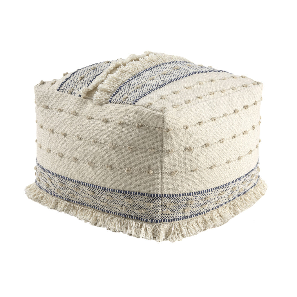 18" Ivory and Navy Blue Cotton And Wool Striped Pouf Ottoman
