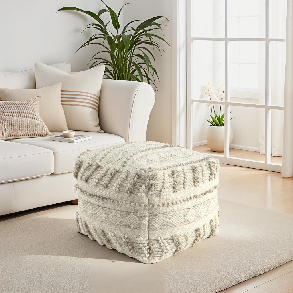 18" Ivory and Natural Cotton And Wool Striped Pouf Ottoman