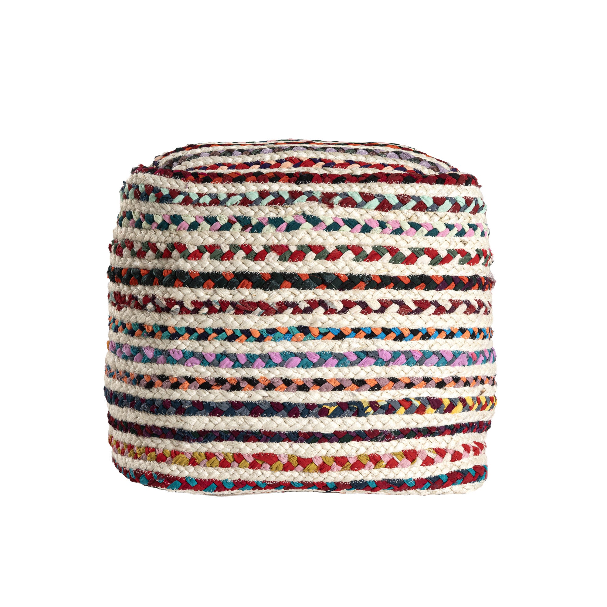 18" Natural and Rainbow Braided Jute Blend Striped Pouf Ottoman