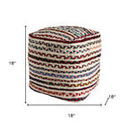 18" Natural and Rainbow Braided Jute Blend Striped Pouf Ottoman