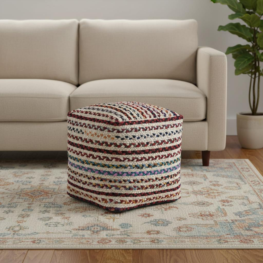 18" Natural and Rainbow Braided Jute Blend Striped Pouf Ottoman