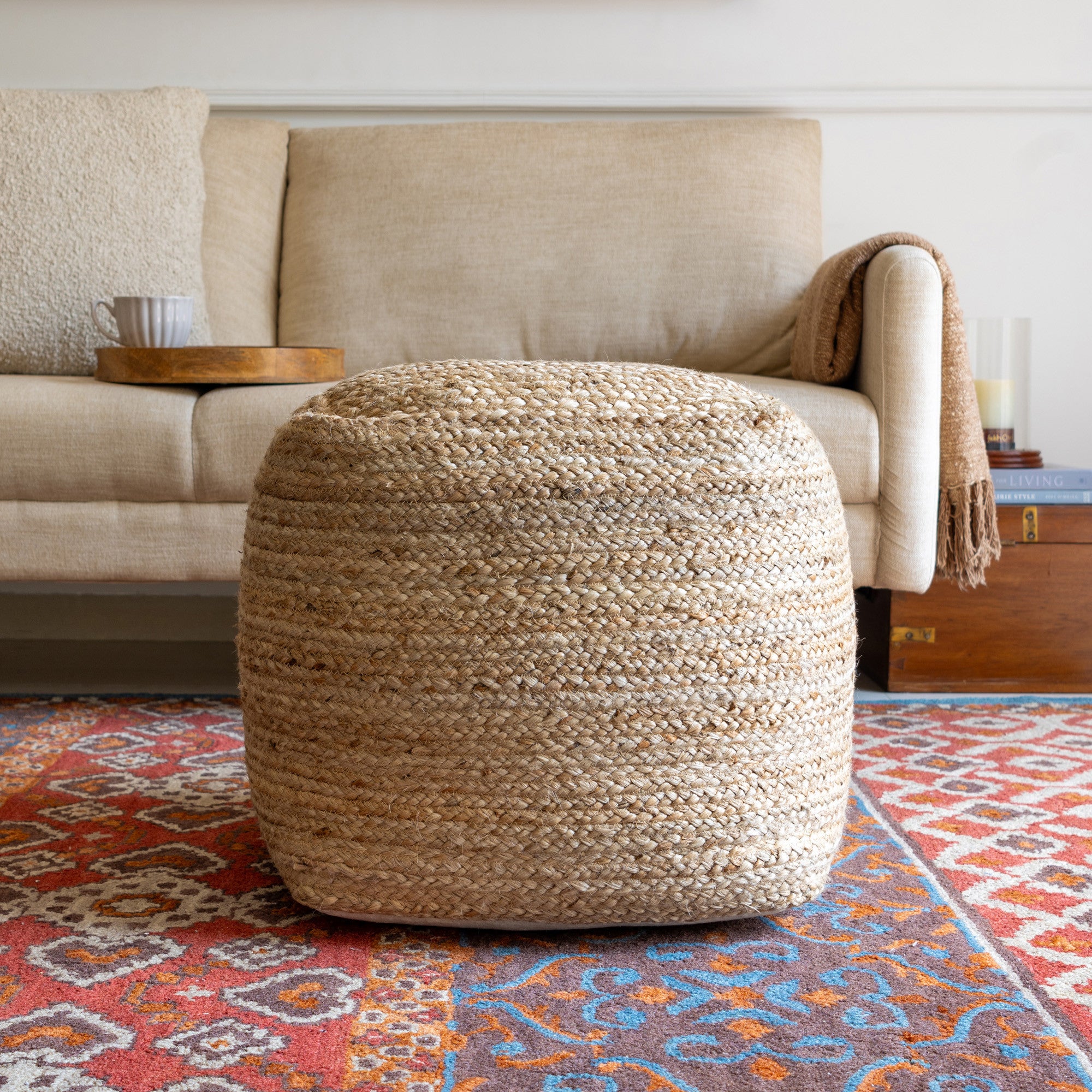18" Beige Upholstery Pouf Ottoman