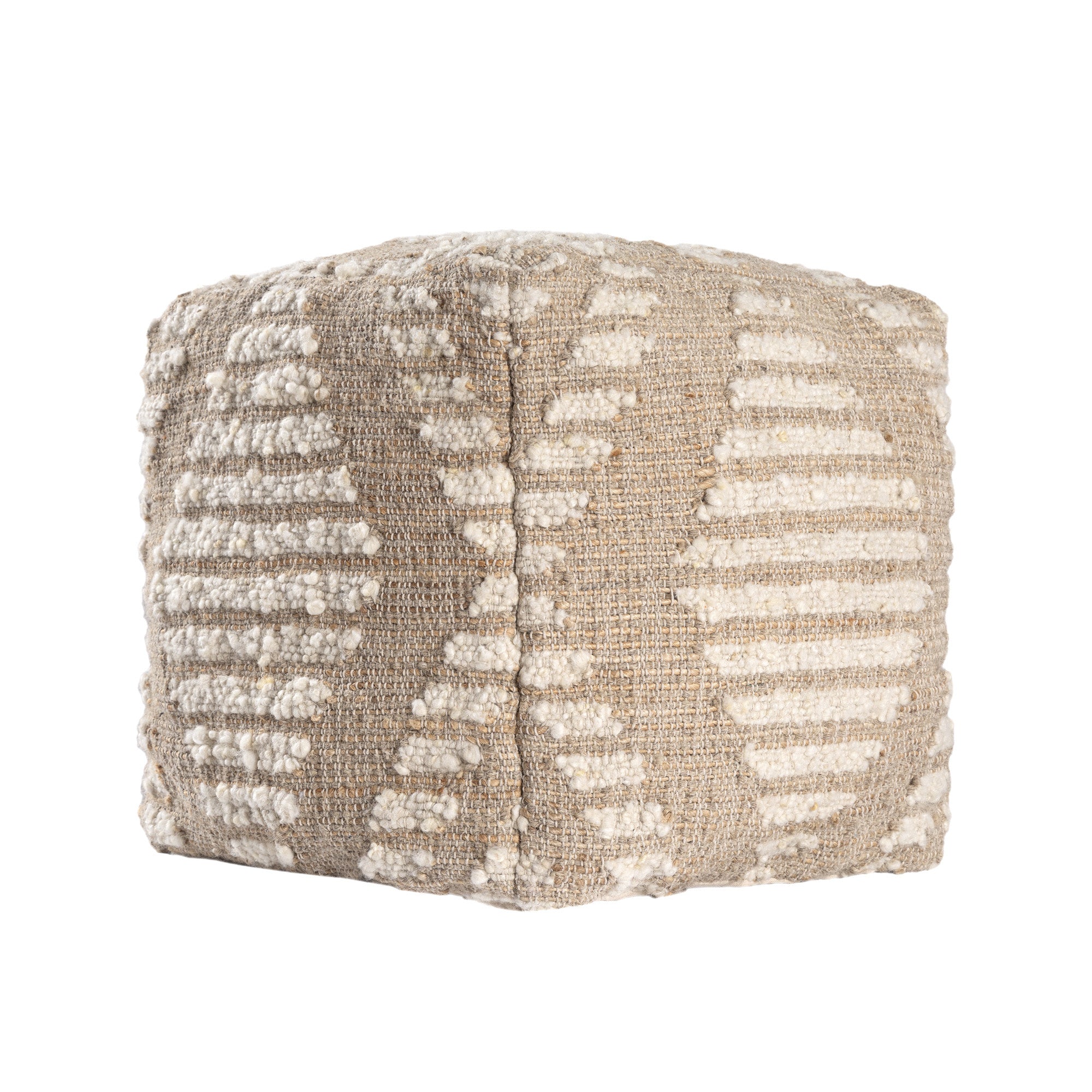 18" Ivory and Natural Cotton Jute And Wool Geometric Cube Pouf Ottoman