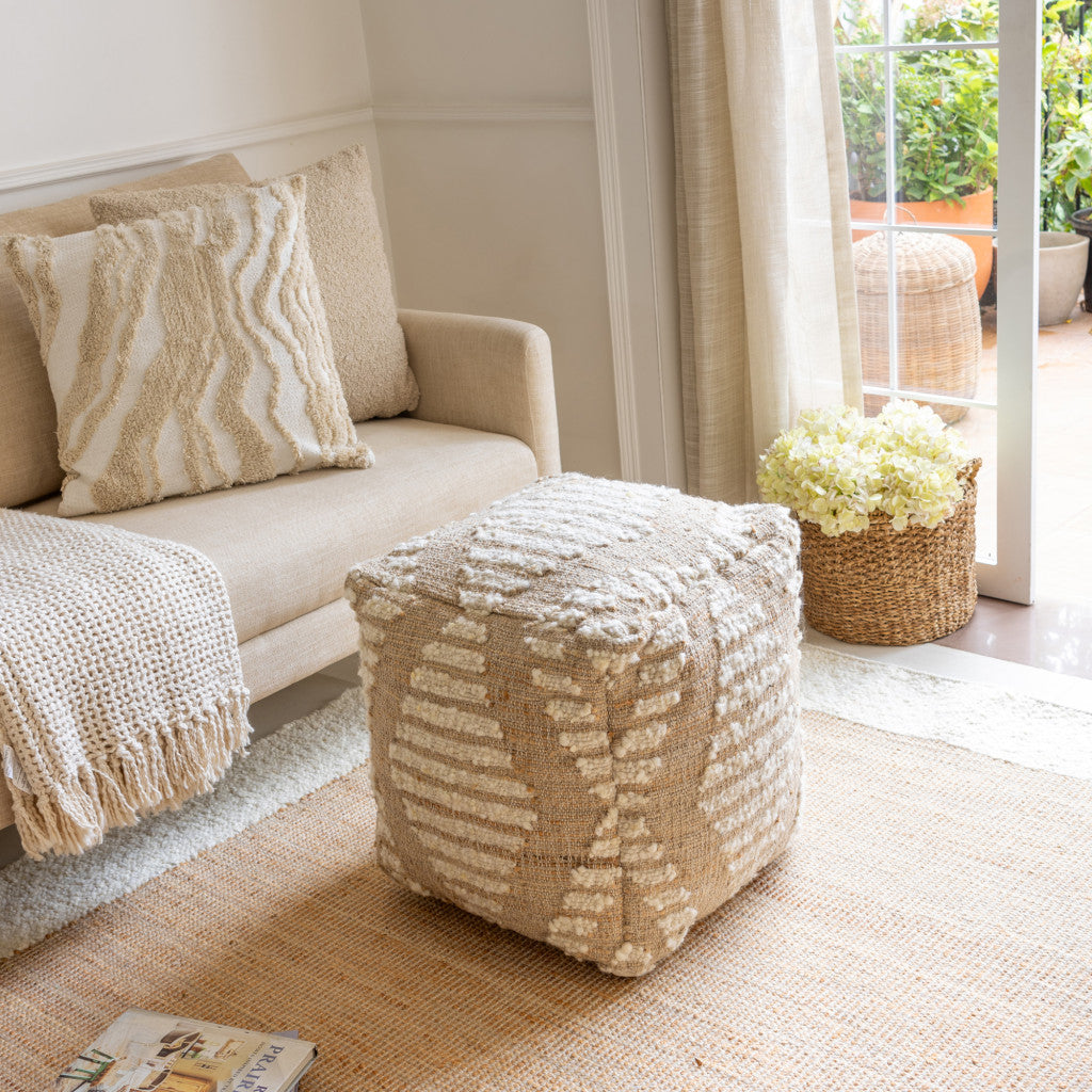 18" Ivory and Natural Cotton Jute And Wool Geometric Cube Pouf Ottoman