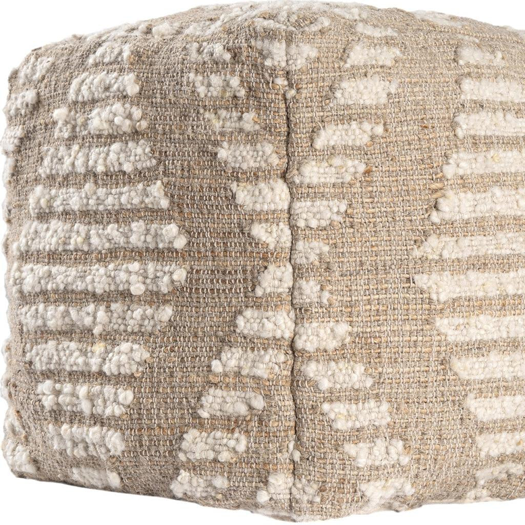 18" Ivory and Natural Cotton Jute And Wool Geometric Cube Pouf Ottoman