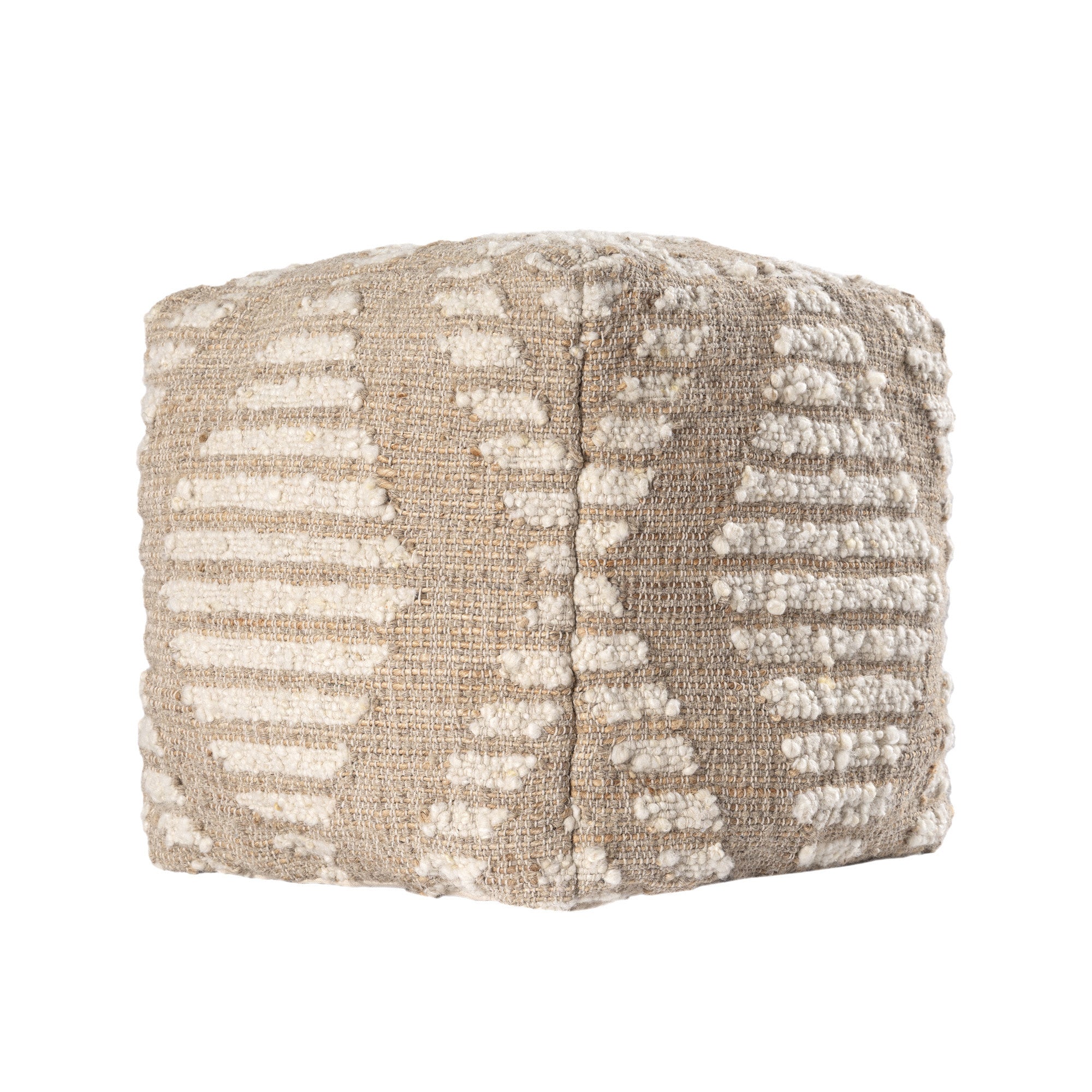 18" Ivory and Natural Cotton Jute And Wool Geometric Cube Pouf Ottoman