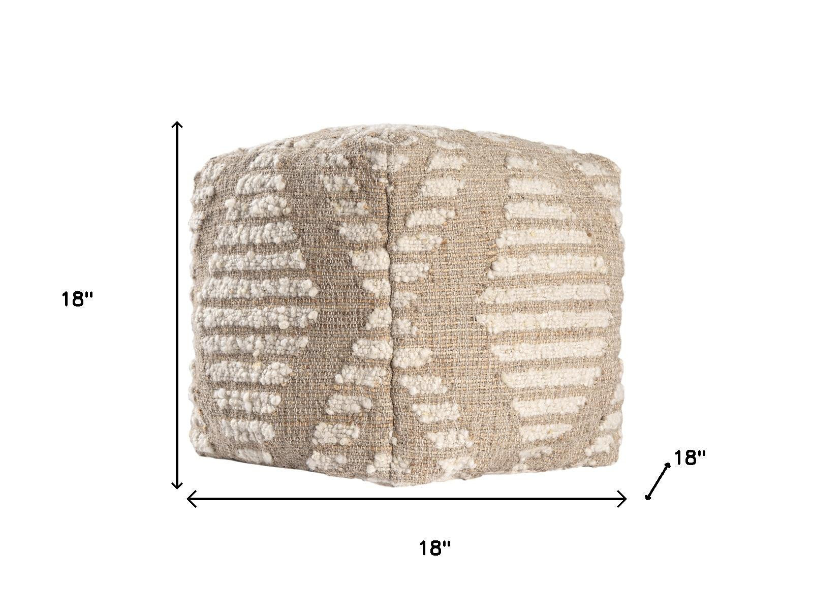 18" Ivory and Natural Cotton Jute And Wool Geometric Cube Pouf Ottoman