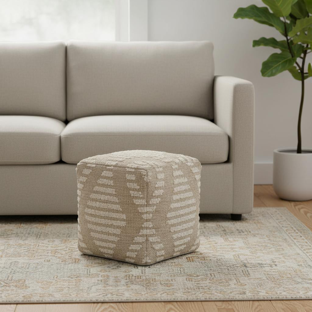 18" Ivory and Natural Cotton Jute And Wool Geometric Cube Pouf Ottoman