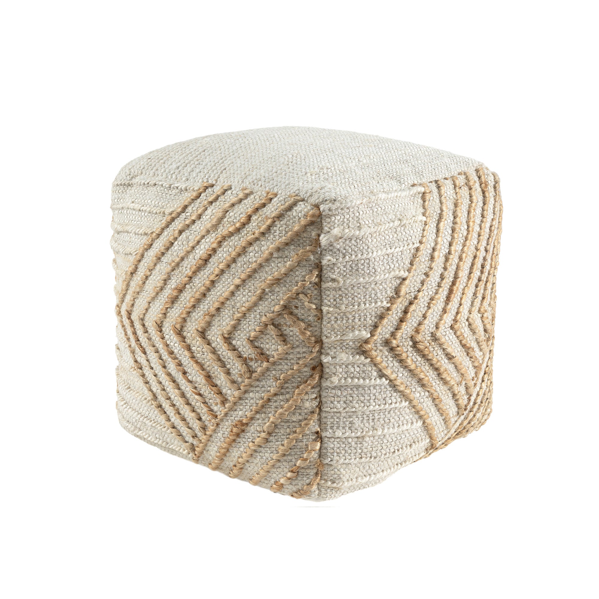 18" Natural and Off White Cotton Jute And Wool Geometric Cube Pouf Ottoman