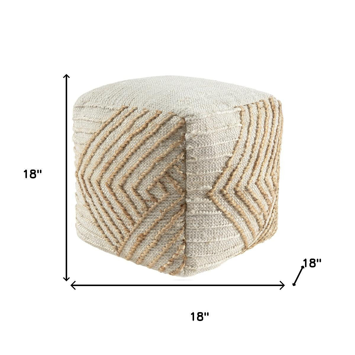 18" Natural and Off White Cotton Jute And Wool Geometric Cube Pouf Ottoman