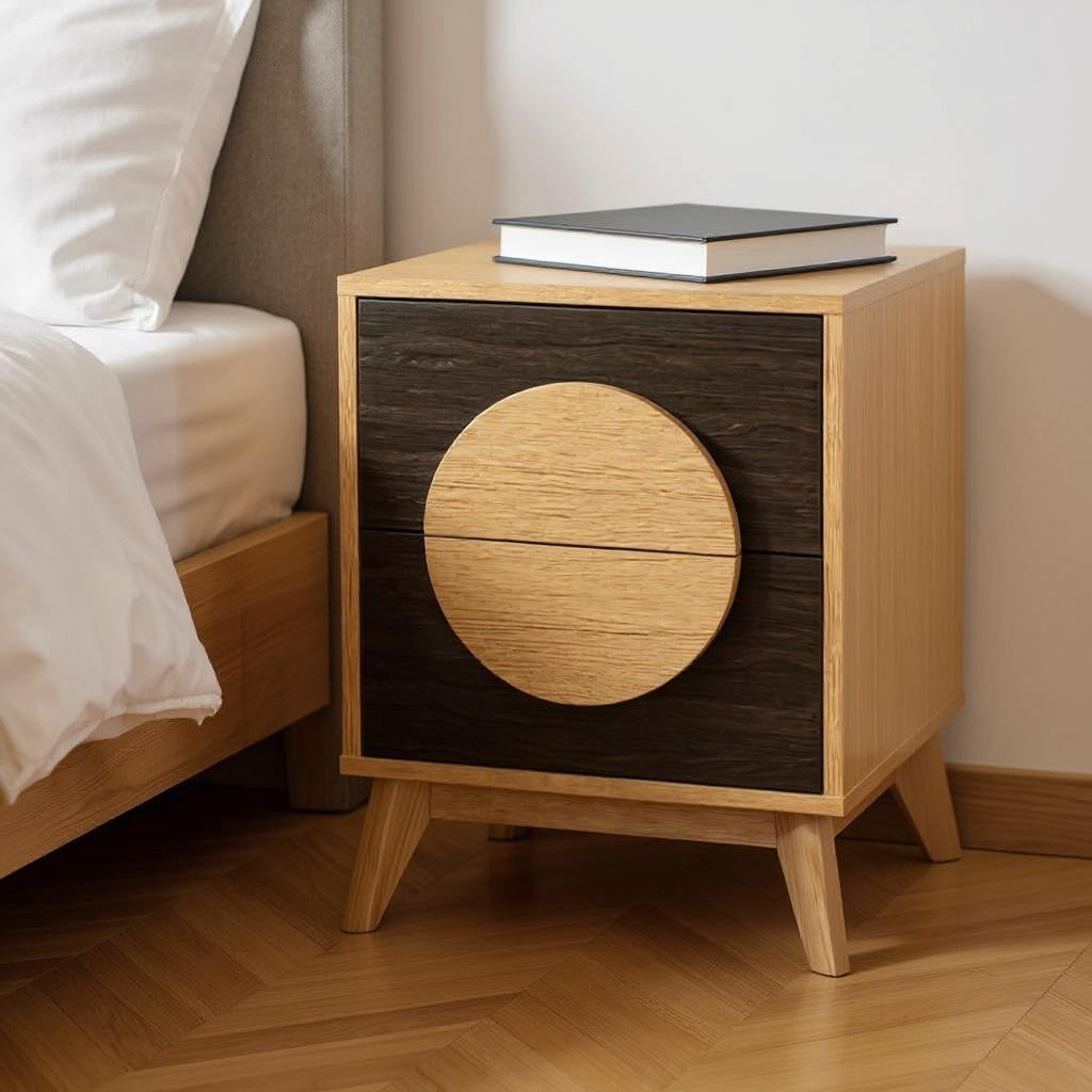 21" Oak And Dark Brown Solid Wood Square Two Drawer Nightstand