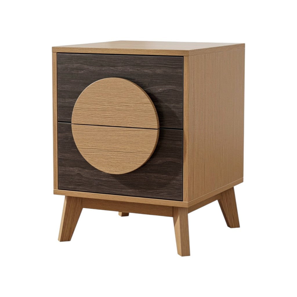 21" Oak And Dark Brown Solid Wood Square Two Drawer Nightstand