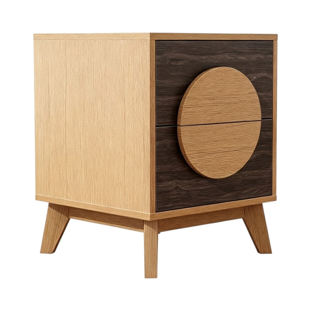 21" Oak And Dark Brown Solid Wood Square Two Drawer Nightstand