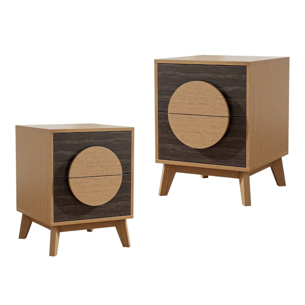 Set of Two 21" Oak And Dark Brown Solid Wood Square Two Drawer Nightstands