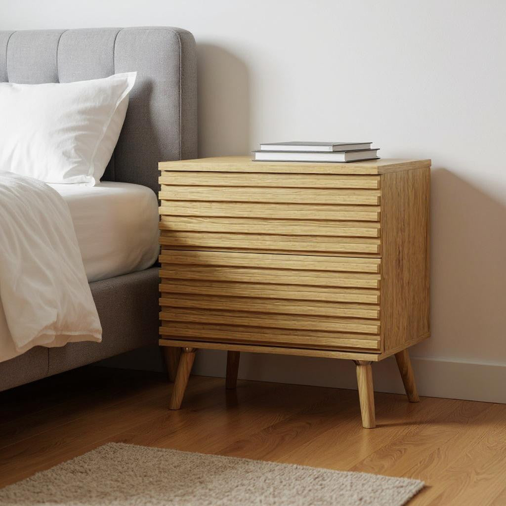 23" Natural Solid Wood Ribbed Texture Two Drawer Nightstand