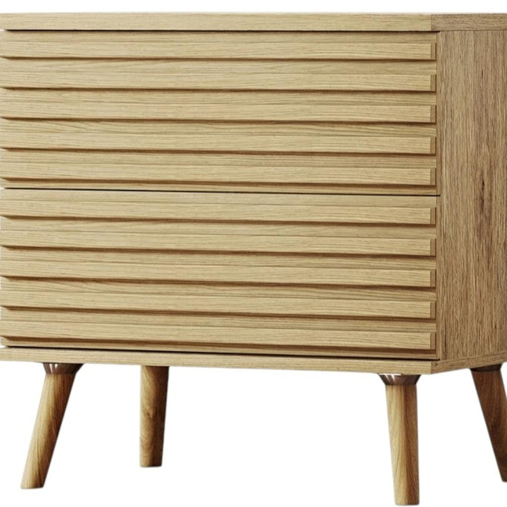23" Natural Solid Wood Ribbed Texture Two Drawer Nightstand