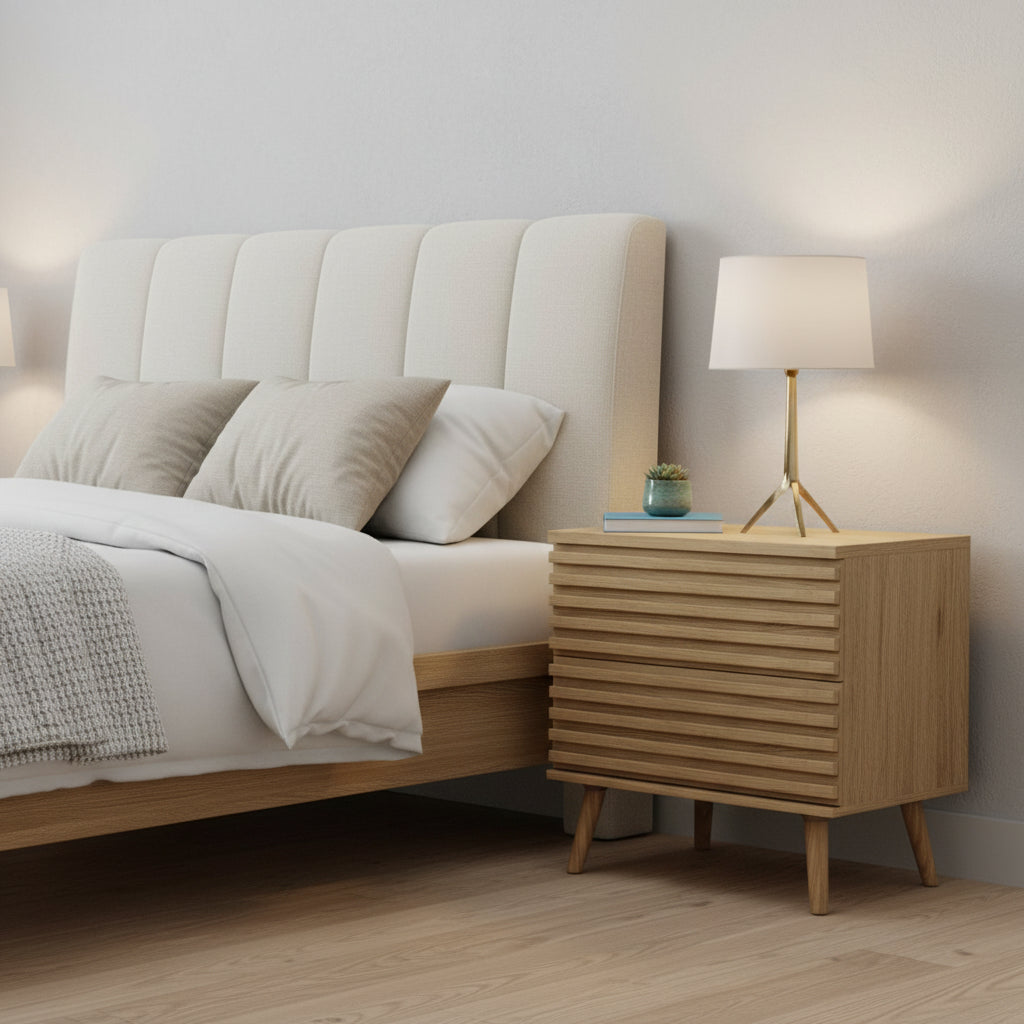 Set of Two 23" Natural Solid Wood Ribbed Texture Two Drawer Nightstand