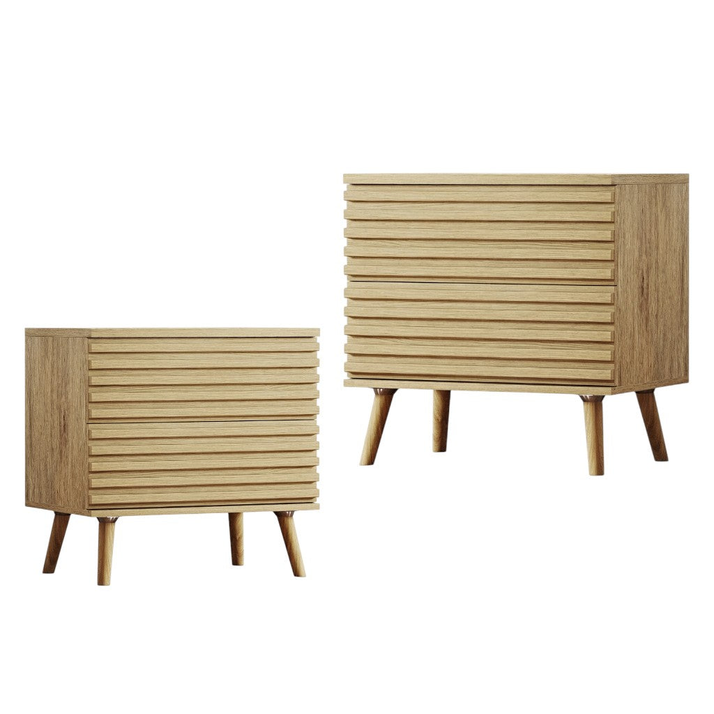 Set of Two 23" Natural Solid Wood Ribbed Texture Two Drawer Nightstand