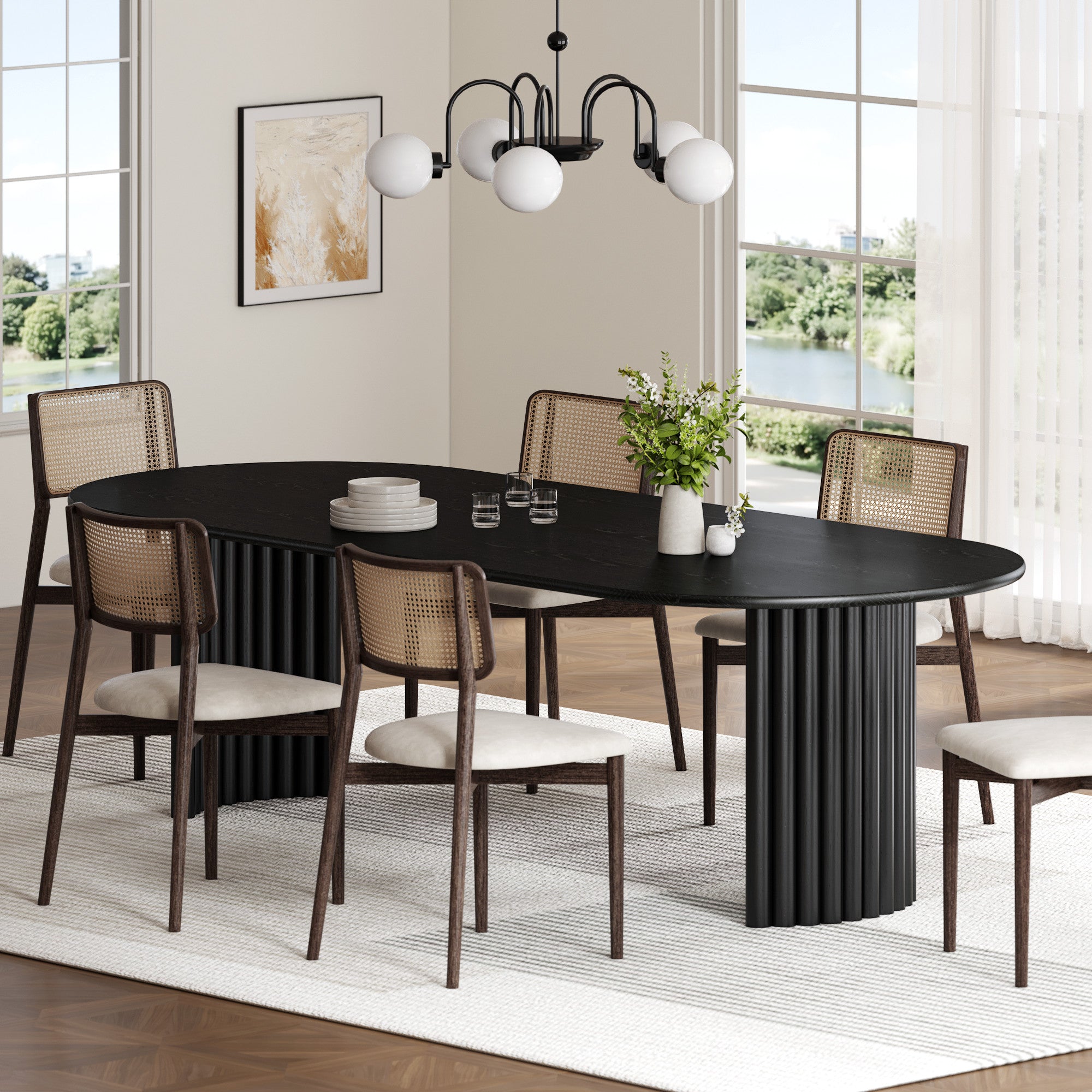 79" Black Solid Wood Mirrored Double Pedestal Base Oval Dining Table