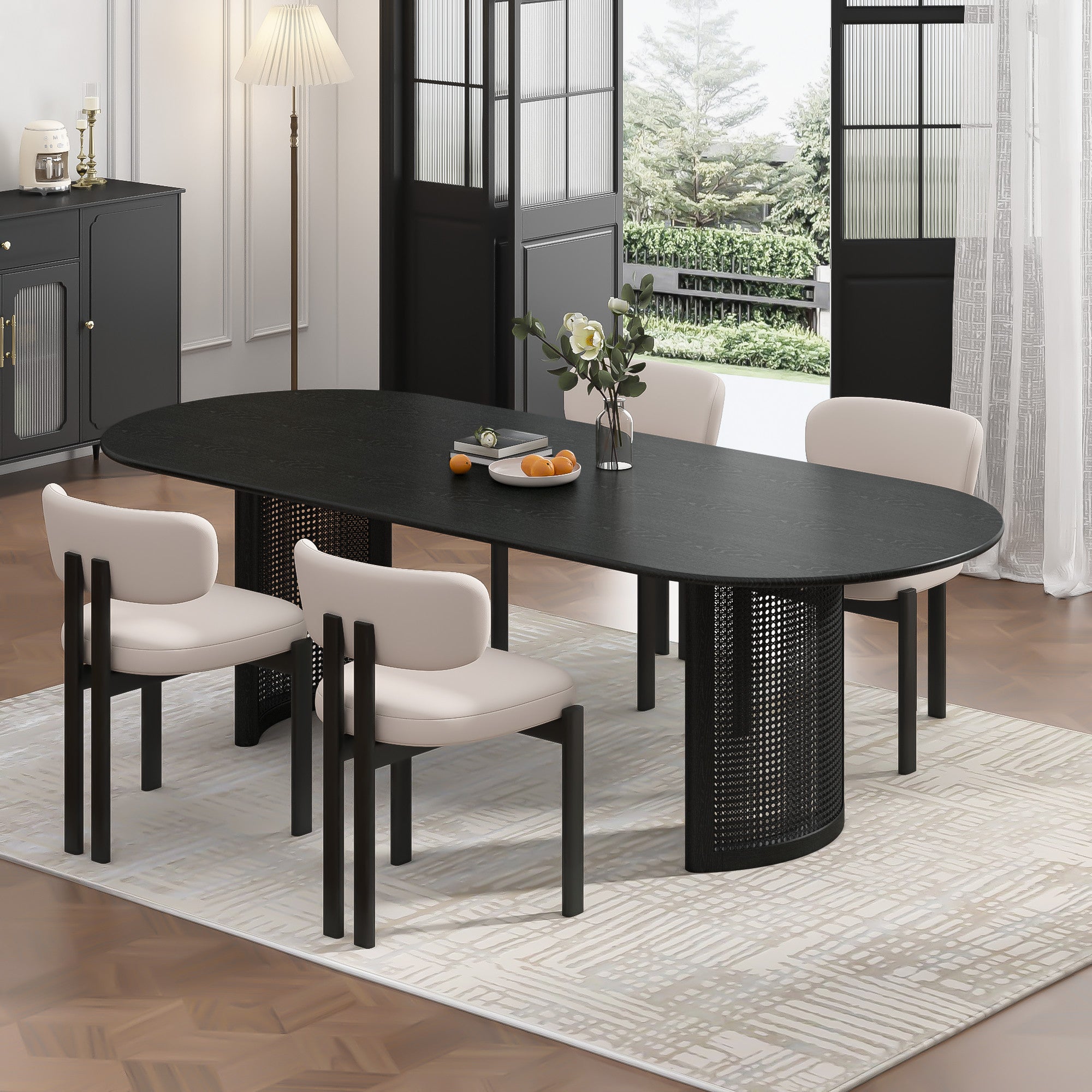 79" Black Solid Wood Mirrored Double Pedestal Base Oval Dining Table