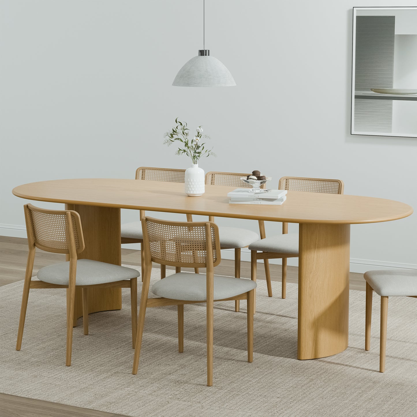 79" Natural Solid Wood Mirrored Double Pedestal Base Oval Dining Table
