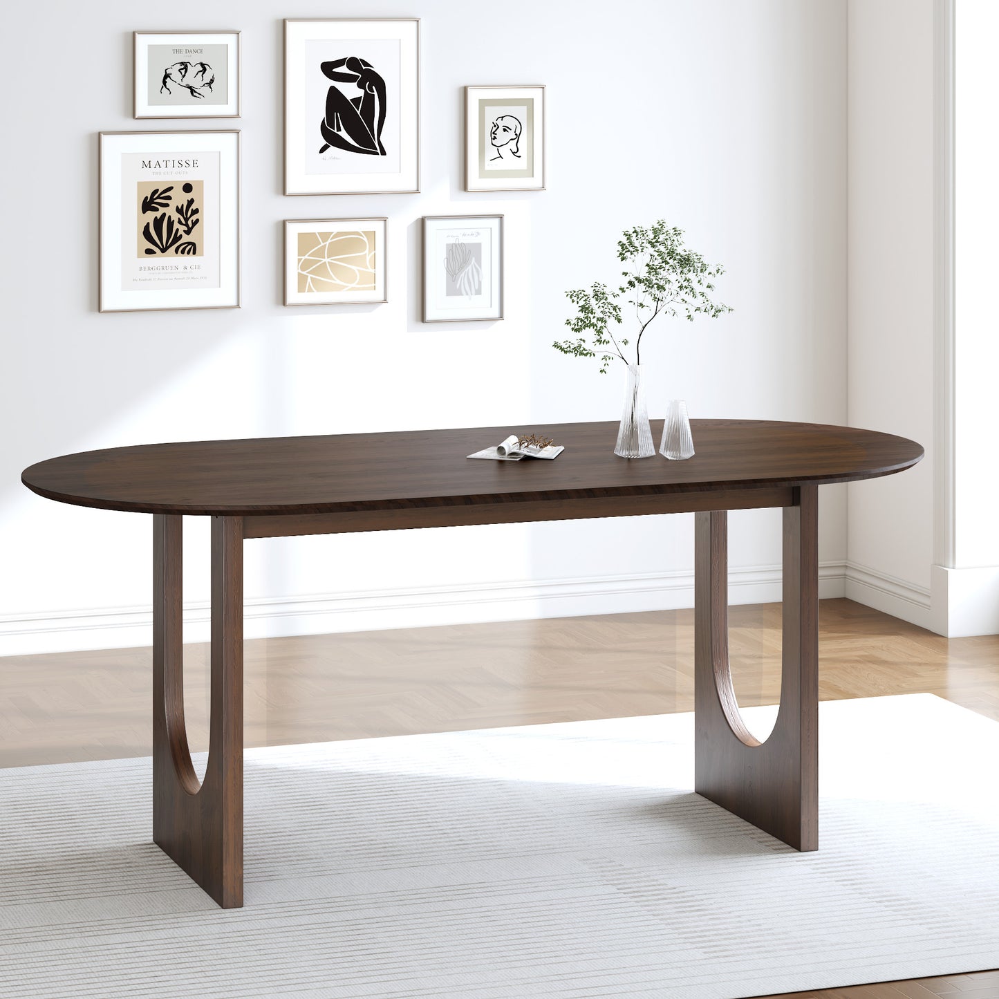 79" Walnut Solid Wood Mirrored Double Pedestal Base Oval Dining Table