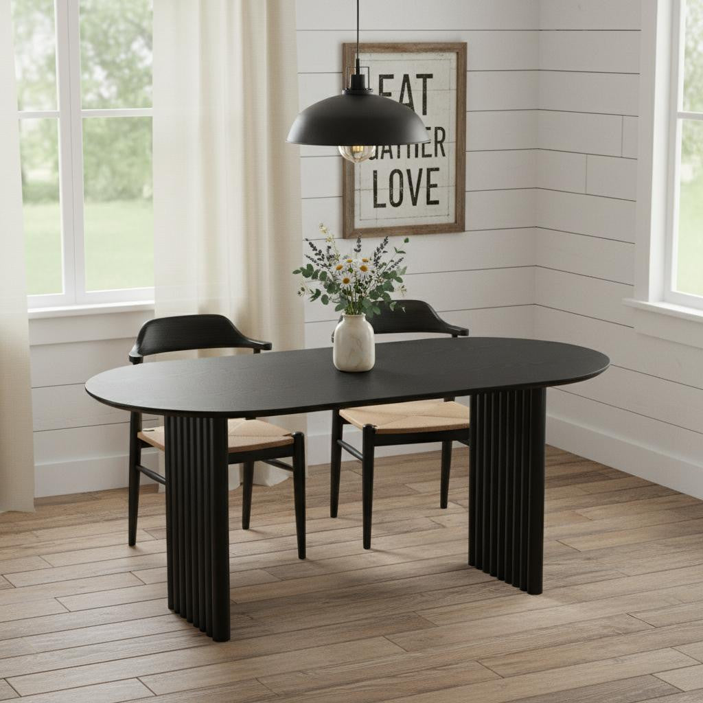 79" Black Solid Wood Mirrored Double Pedestal Base Oval Dining Table