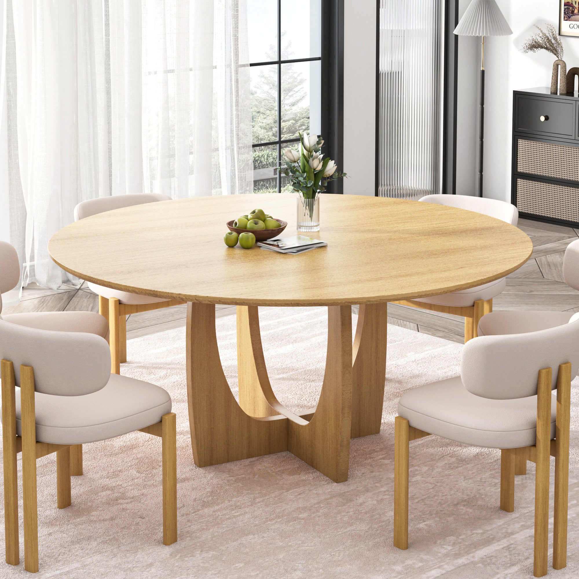 59" Natural Solid Wood Mirrored Double Pedestal Base Round Top Dining Table