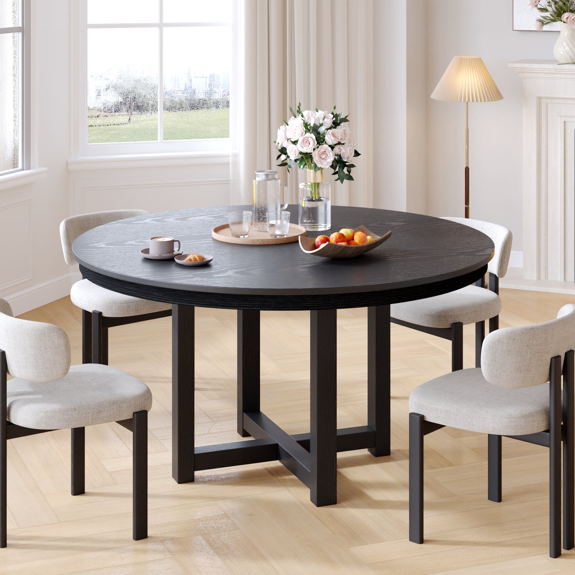 45" Black Solid Wood Mirrored Double Pedestal Base Round Top Dining Table