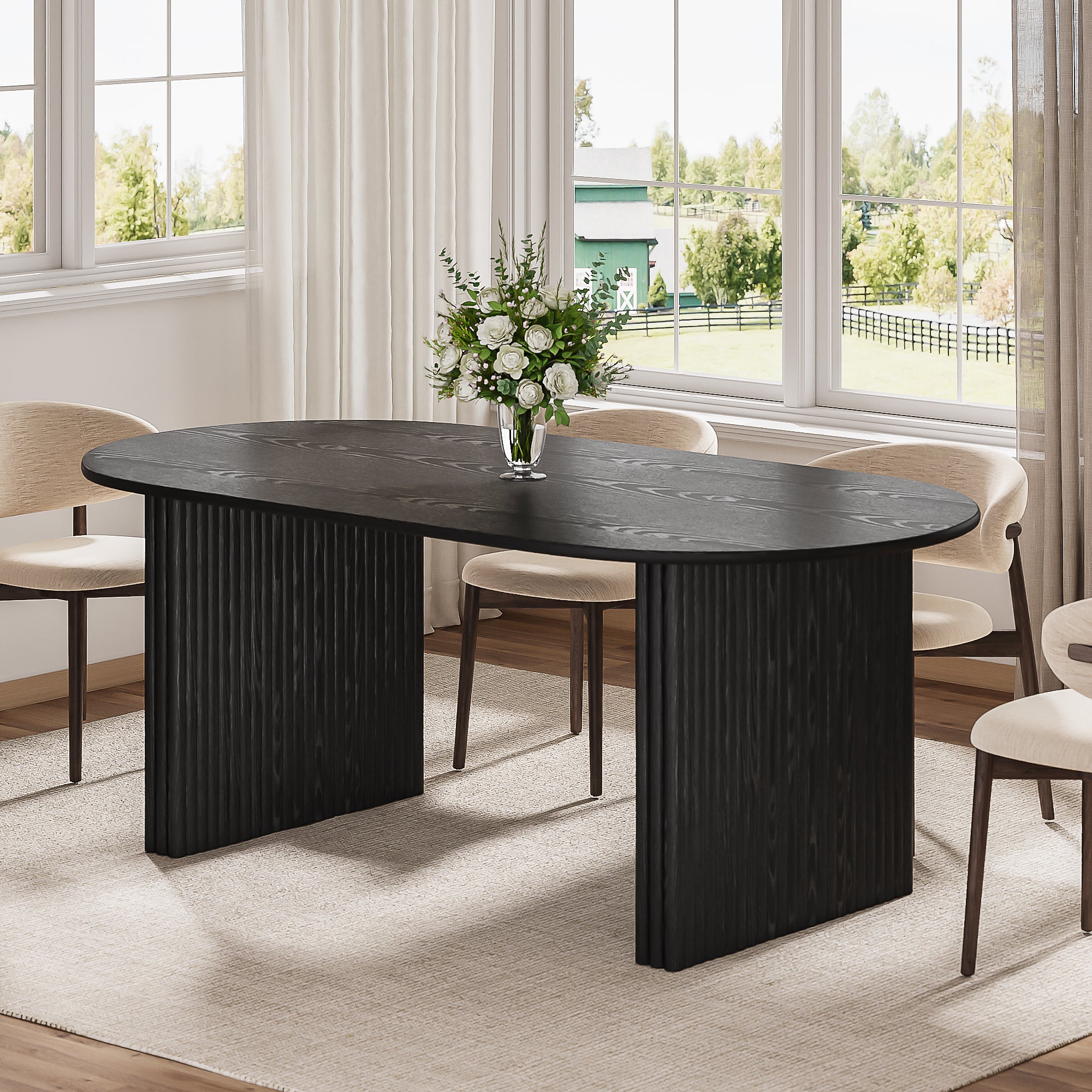 67" Black Solid Wood Double Pedestal Base Oval Dining Table