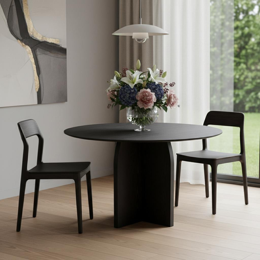 52" Black Solid Wood Pedestal Base Round Top Dining Table