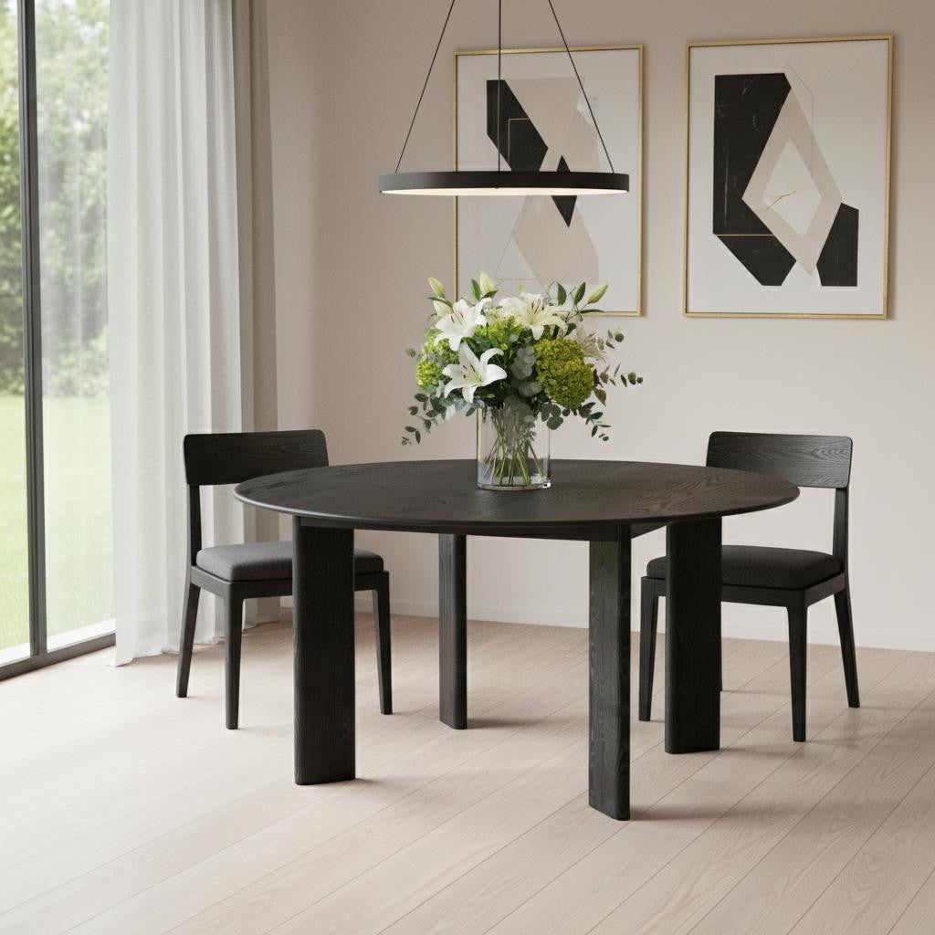 58" Black Solid Wood Round Top Dining Table