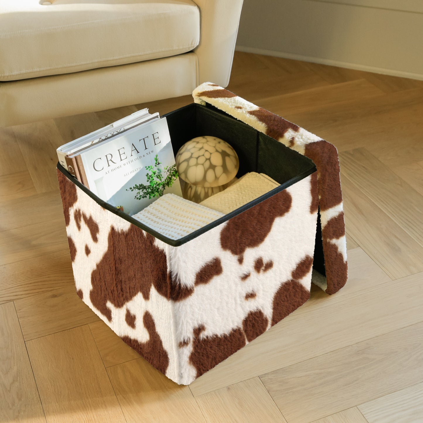 15" Plastic Cow Print Storage Ottoman