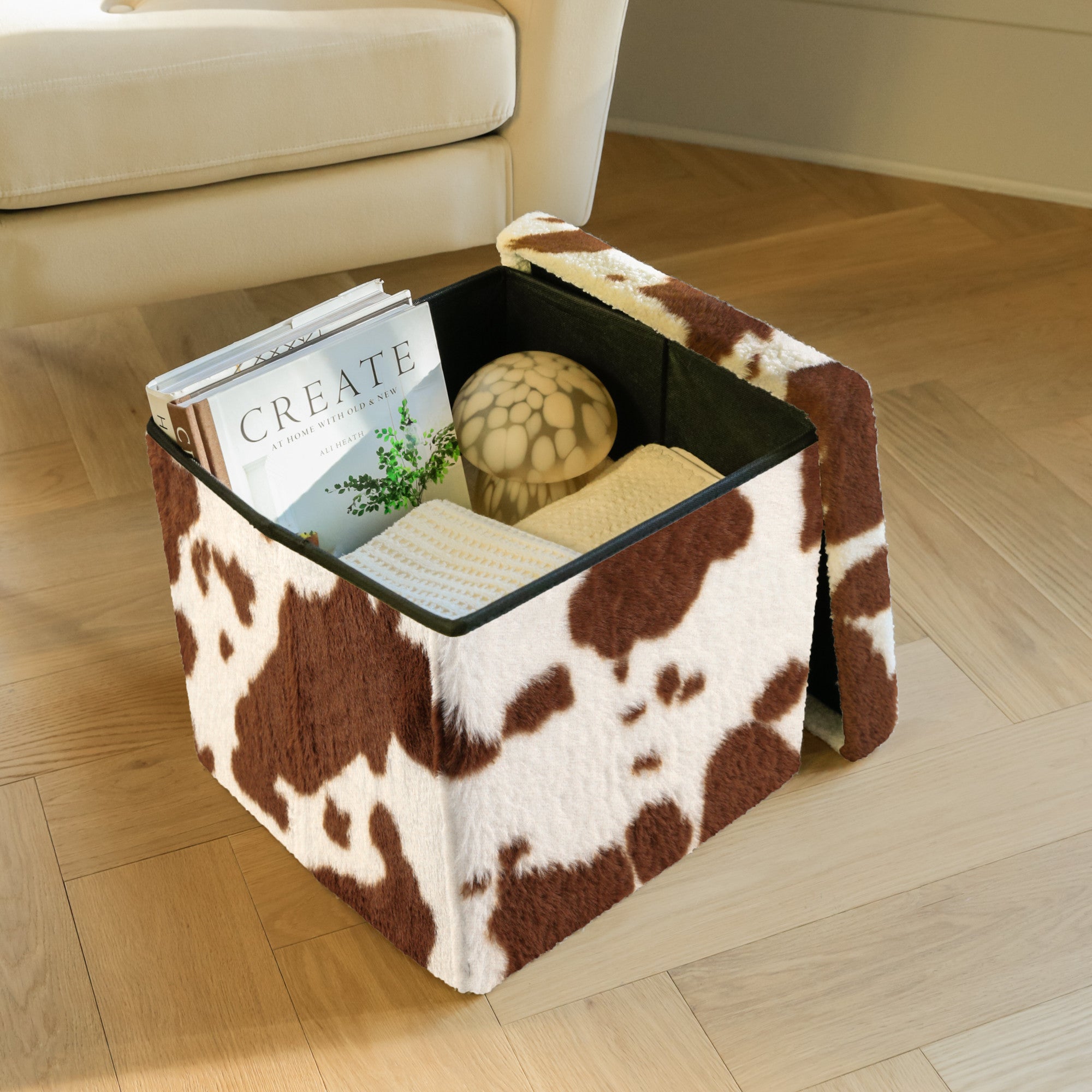 15" Plastic Cow Print Storage Ottoman