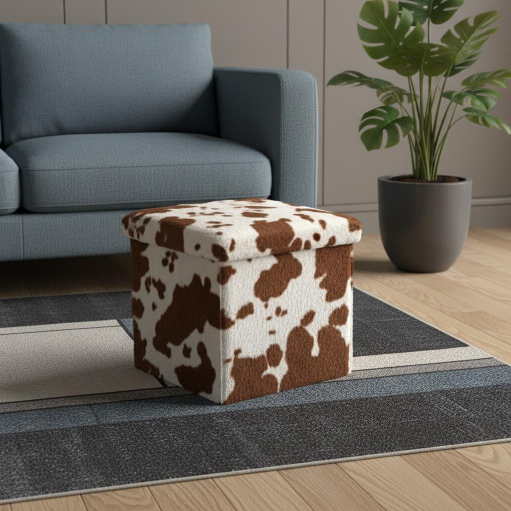 15" Plastic Cow Print Storage Ottoman
