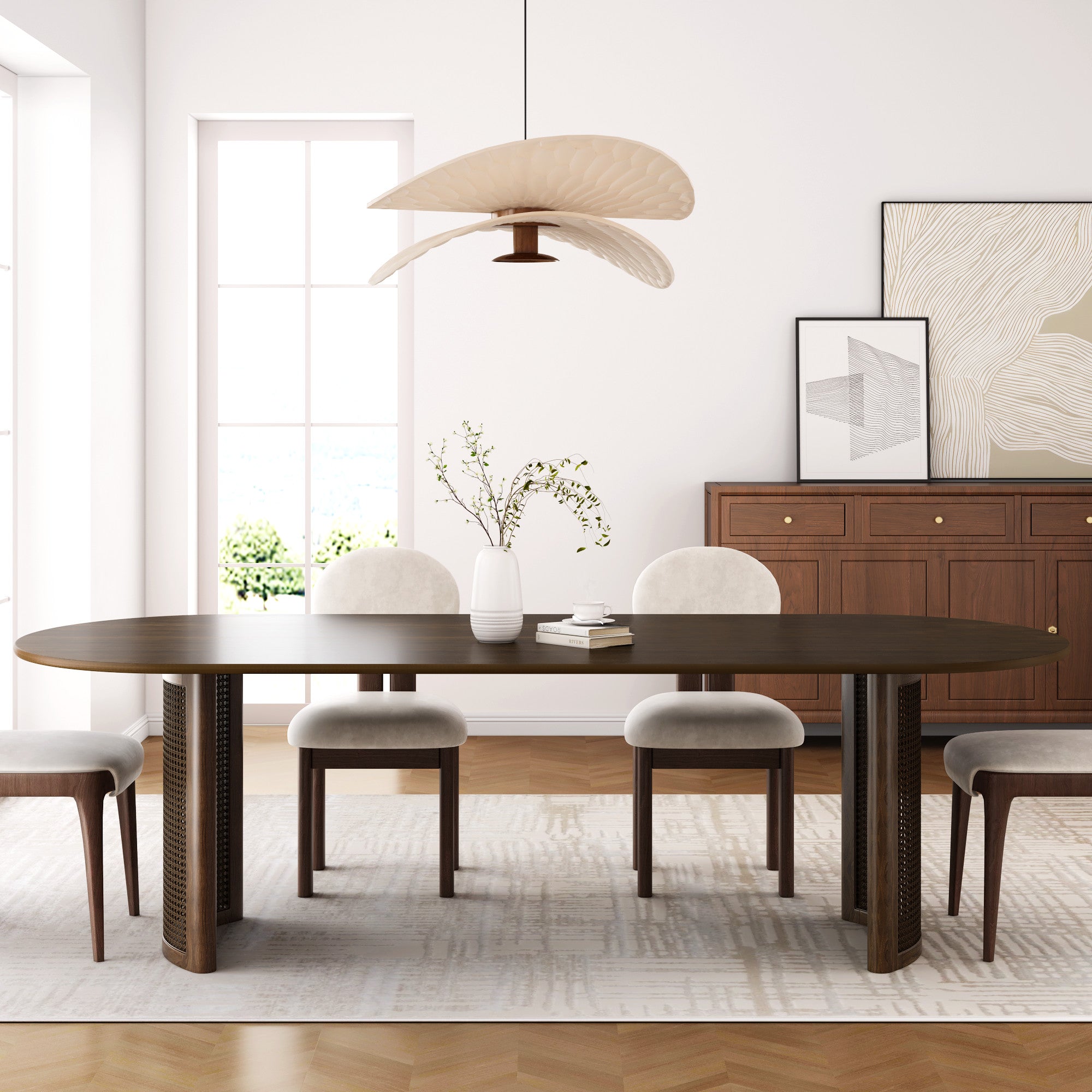 66" Brown Solid Wood Double Pedestal Base Oval Dining Table