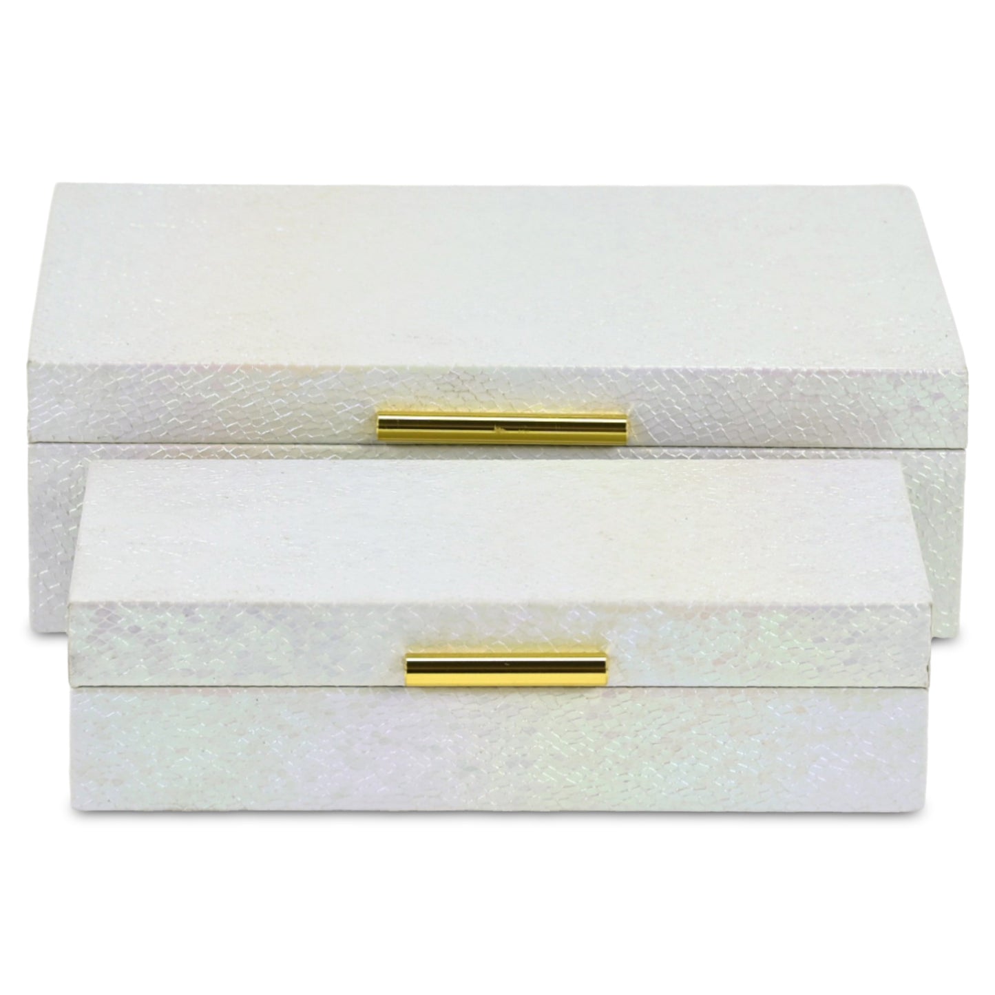 Set of Two White And Gold Faux Shagreen Nesting Storage Boxes With Lids