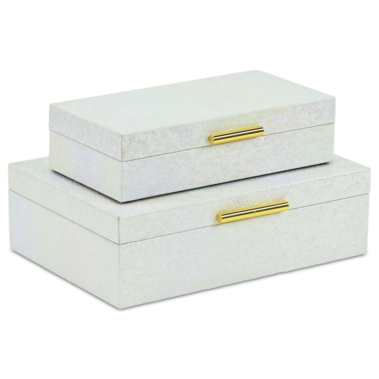 Set of Two White And Gold Faux Shagreen Nesting Storage Boxes With Lids