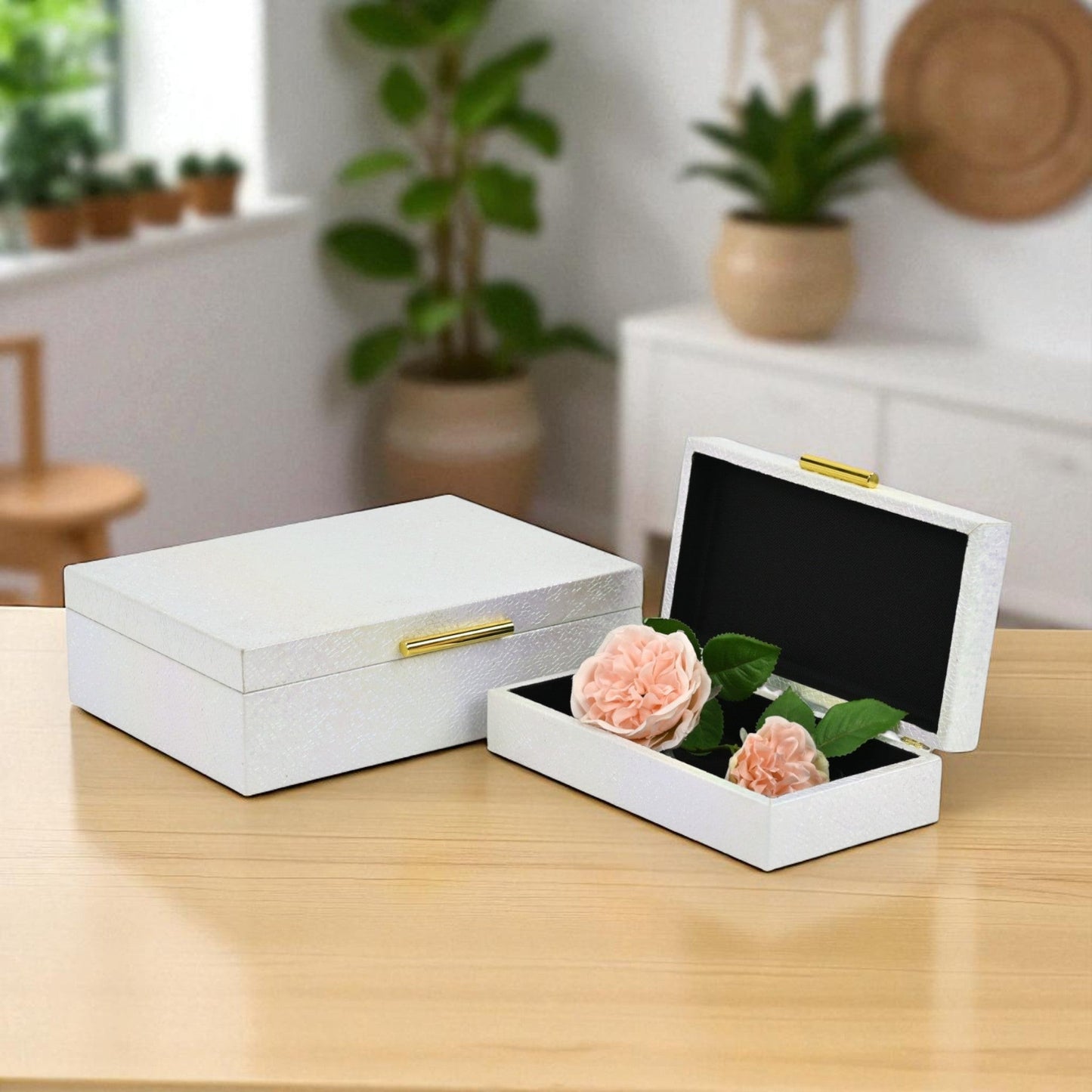 Set of Two White And Gold Faux Shagreen Nesting Storage Boxes With Lids